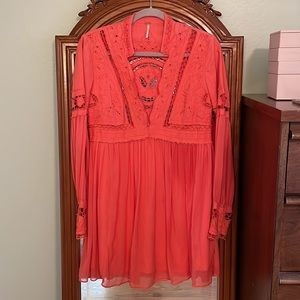 Free People Embroidered Coral Linen and Chiffon Tunic - Sz 6